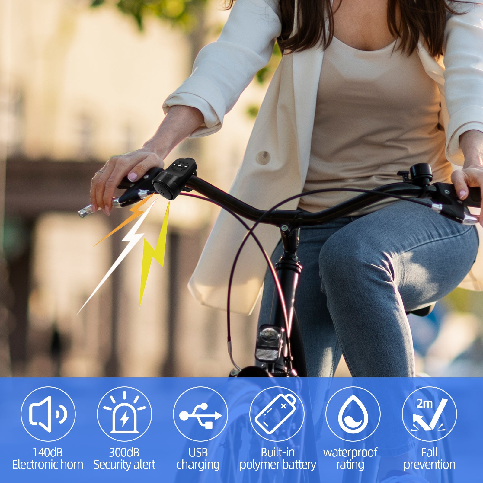 Electric Bike Horn with Anti-Theft Alarm, USB Charging
