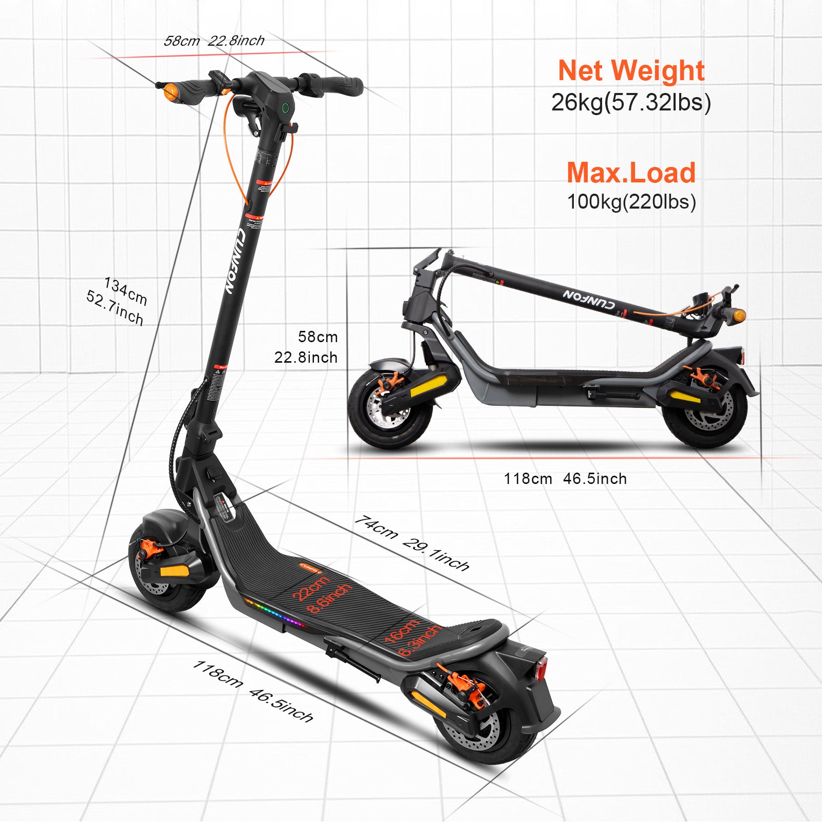 CUNFON RS500 Scooter Dimensions and Weight Specifications - Unfolded and Folded Sizes, 26kg Weight, 100kg Max Load