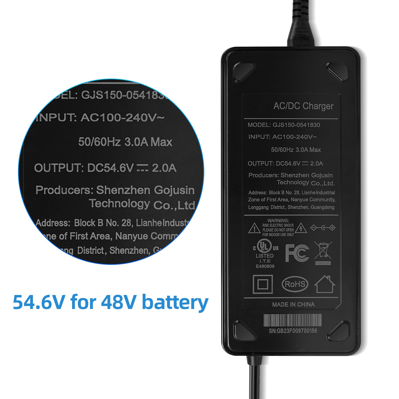 54.6V 2A Electric Scooter Charger for CUNFON RZ800 & RZ1000 | AC 100-240V Global Use with Multi-Protection