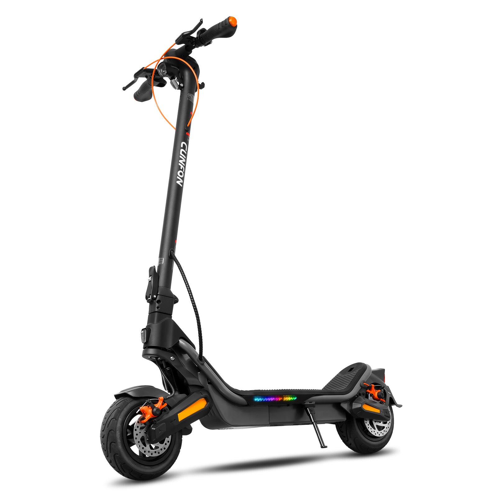 CUNFON RS500 Electric Scooter Front View - Fully Unfolded, Showing 1000W Motor, Orange Disc Brakes, and LED Lighting System